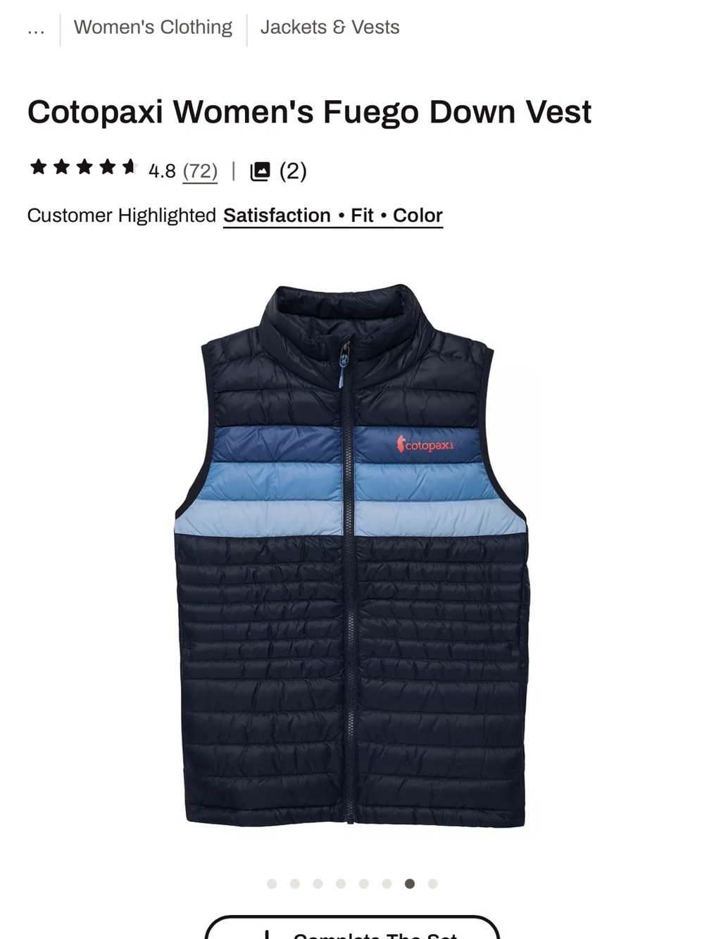 cotopaxi Fuego down vest with blue and light blue colorblock